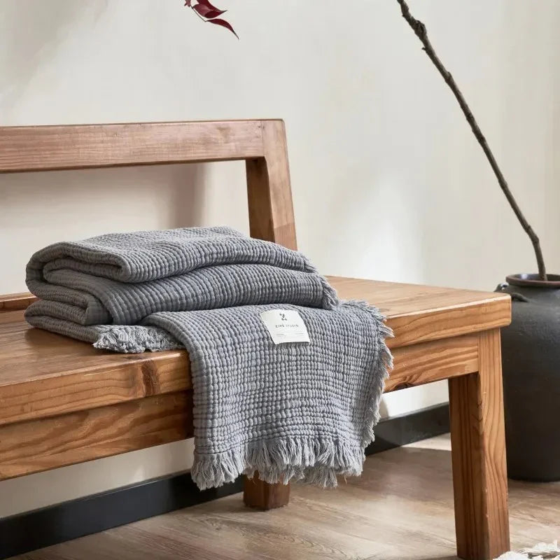 Waffle-Weave Cotton Throw Blanket with Fringe for Sofa and Bed