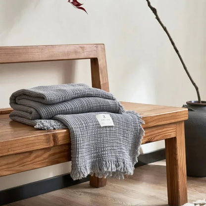 Waffle-Weave Cotton Throw Blanket with Fringe for Sofa and Bed