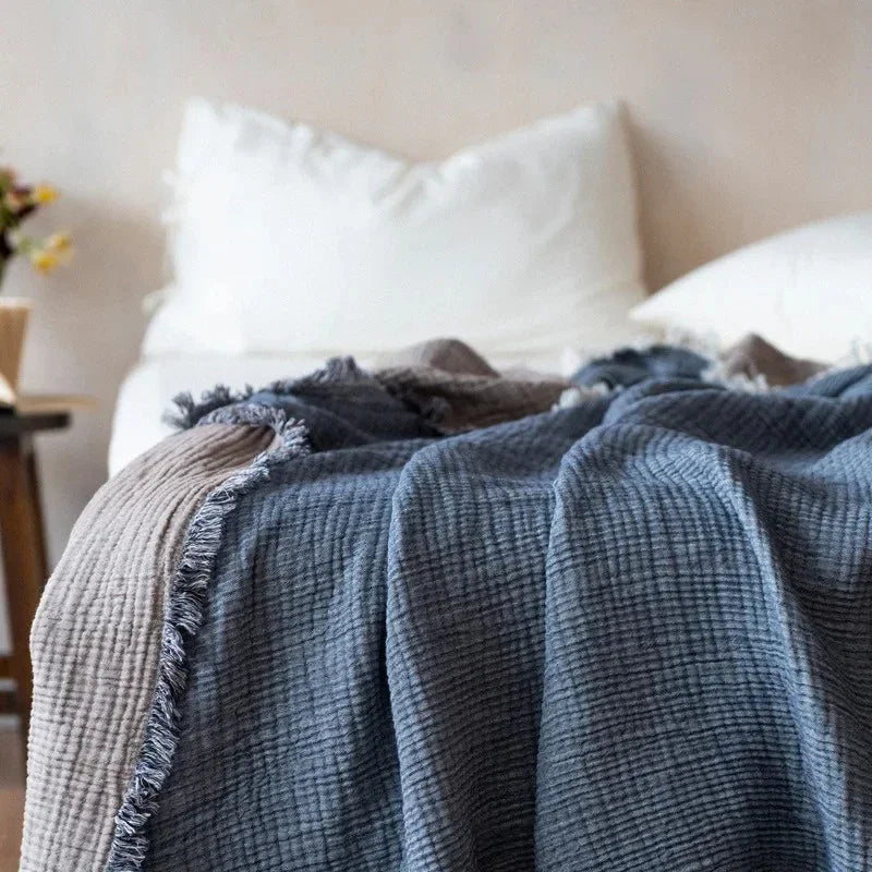 Waffle-Weave Cotton Throw Blanket with Fringe for Sofa and Bed
