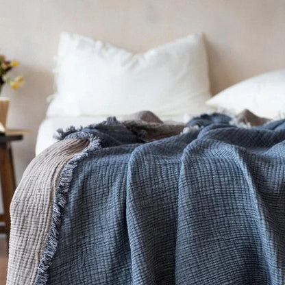 Waffle-Weave Cotton Throw Blanket with Fringe for Sofa and Bed