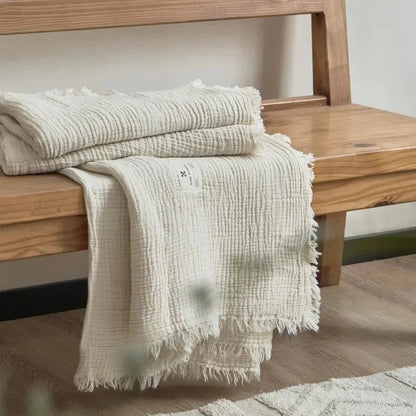 Waffle-Weave Cotton Throw Blanket with Fringe for Sofa and Bed