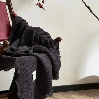 Waffle-Weave Cotton Throw Blanket with Fringe for Sofa and Bed