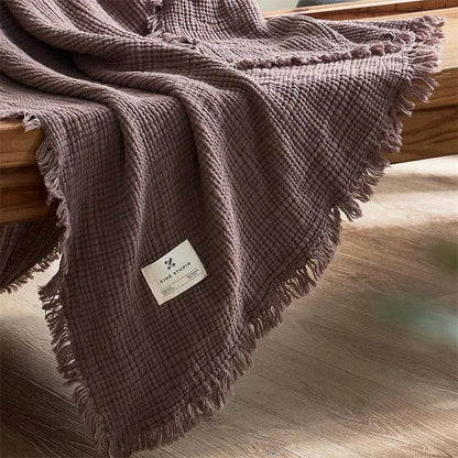 Waffle-Weave Cotton Throw Blanket with Fringe for Sofa and Bed