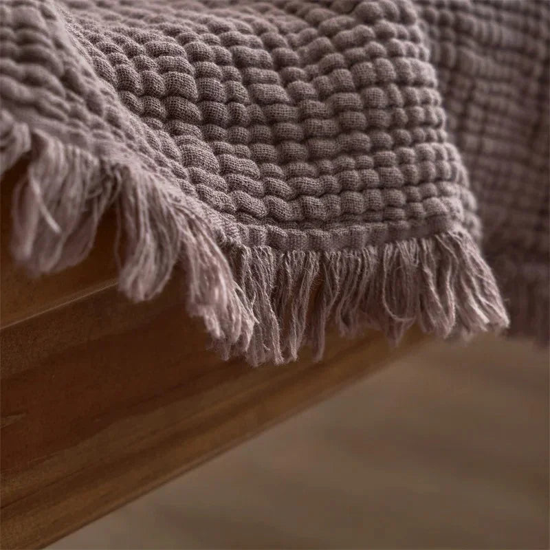Waffle-Weave Cotton Throw Blanket with Fringe for Sofa and Bed