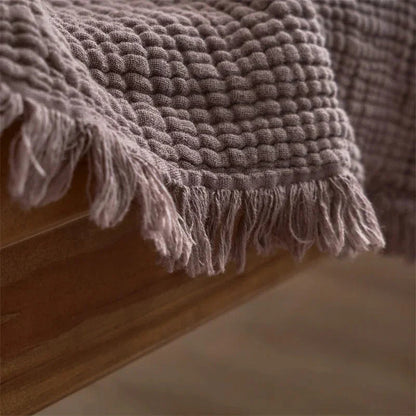 Waffle-Weave Cotton Throw Blanket with Fringe for Sofa and Bed