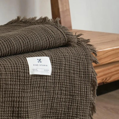 Waffle-Weave Cotton Throw Blanket with Fringe for Sofa and Bed