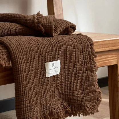 Waffle-Weave Cotton Throw Blanket with Fringe for Sofa and Bed