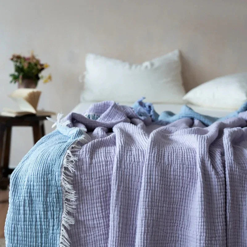 Waffle-Weave Cotton Throw Blanket with Fringe for Sofa and Bed