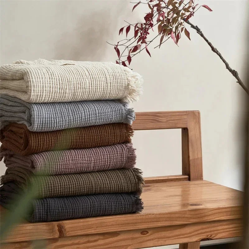 Waffle-Weave Cotton Throw Blanket with Fringe for Sofa and Bed