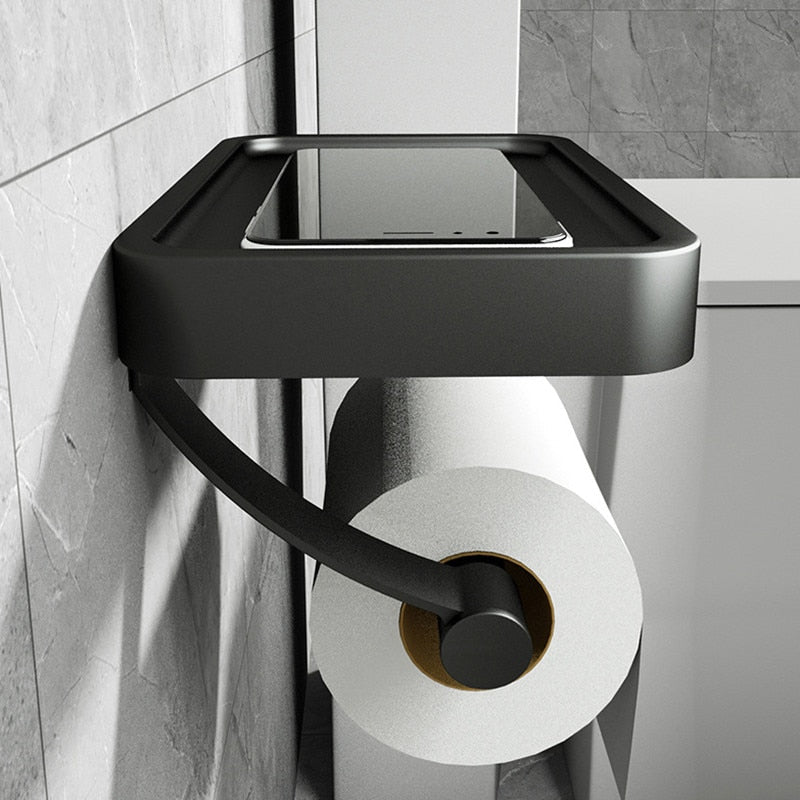 Wall Mounted Toilet Roll Holder with Matte Black Finish and Storage Shelf
