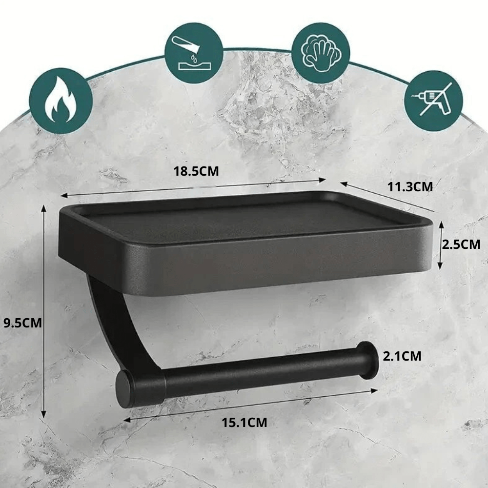 Wall Mounted Toilet Roll Holder with Matte Black Finish and Storage Shelf