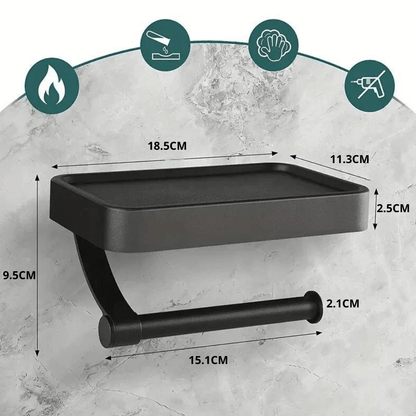 Wall Mounted Toilet Roll Holder with Matte Black Finish and Storage Shelf