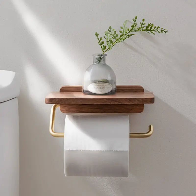 Wall-Mounted Walnut Wood Toilet Paper Holder with Integrated Shelf