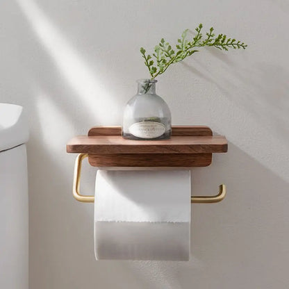 Wall-Mounted Walnut Wood Toilet Paper Holder with Integrated Shelf