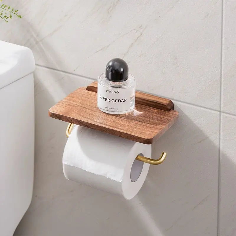Wall-Mounted Walnut Wood Toilet Paper Holder with Integrated Shelf