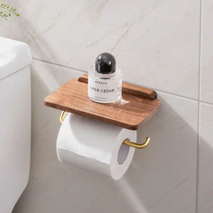Wall-Mounted Walnut Wood Toilet Paper Holder with Integrated Shelf
