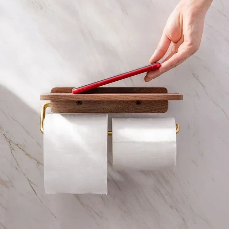 Wall-Mounted Walnut Wood Toilet Paper Holder with Integrated Shelf
