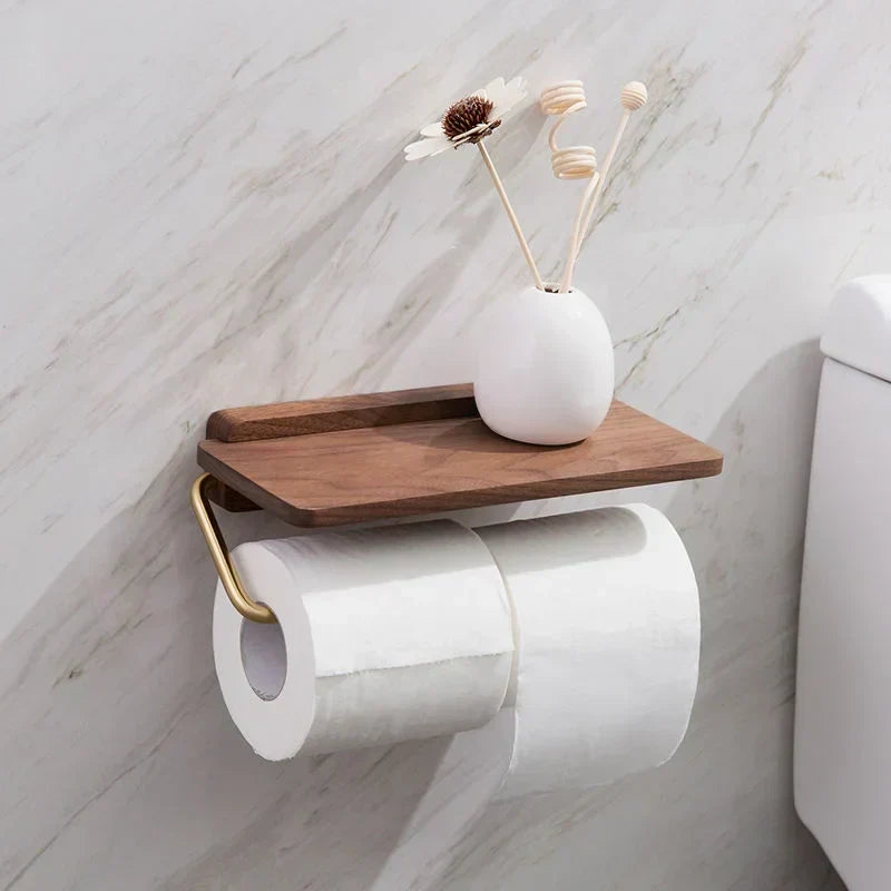 Wall-Mounted Walnut Wood Toilet Paper Holder with Integrated Shelf