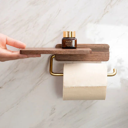 Wall-Mounted Walnut Wood Toilet Paper Holder with Integrated Shelf