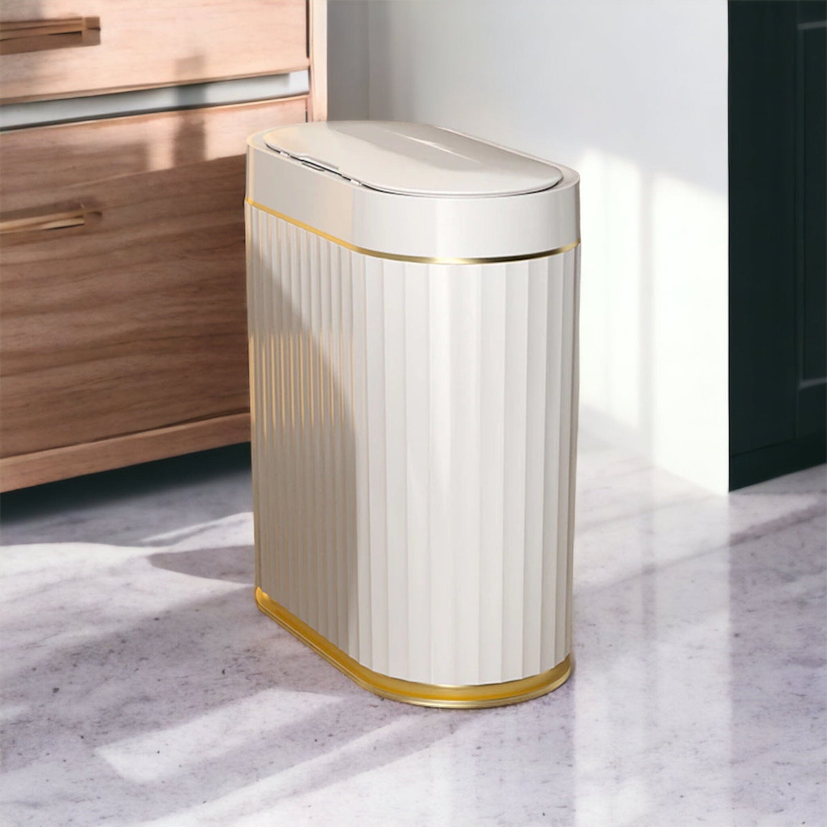 White Ribbed Bathroom Bin with Gold Trim and Push Lid