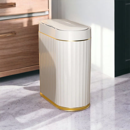 White Ribbed Bathroom Bin with Gold Trim and Push Lid