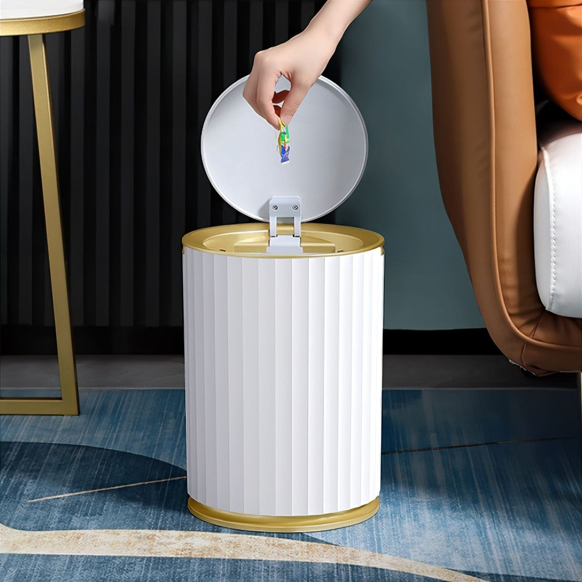 White Ribbed Bathroom Bin with Gold Trim and Push Lid