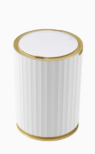 White Ribbed Bathroom Bin with Gold Trim and Push Lid