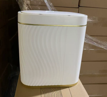 White Ribbed Bathroom Bin with Gold Trim and Push Lid
