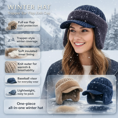 Winter Knit Trapper Hat Ear Flap Cap Visor Lightweight Cold Weather Outdoor Wear