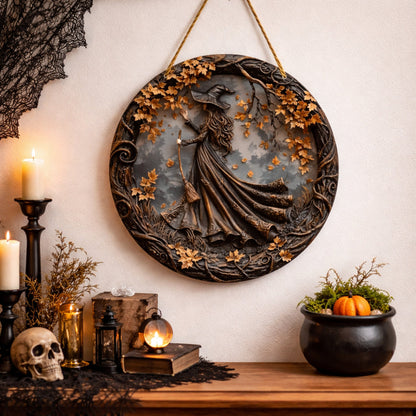 Witch Folklore Wood Door Hanging Sign Round Wall Art Decoration