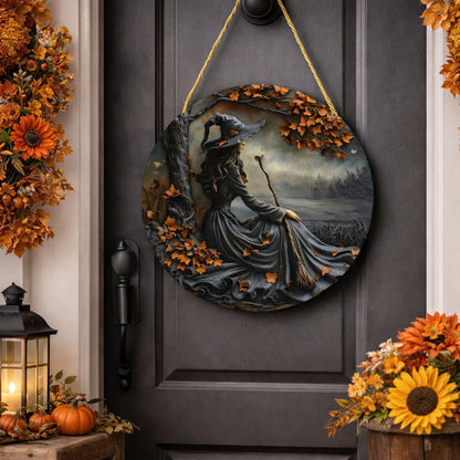 Witch Folklore Wood Door Hanging Sign Round Wall Art Decoration