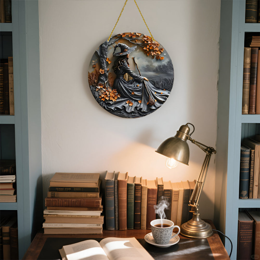 Witch Folklore Wood Door Hanging Sign Round Wall Art Decoration