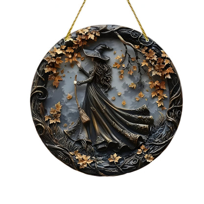 Witch Folklore Wood Door Hanging Sign Round Wall Art Decoration