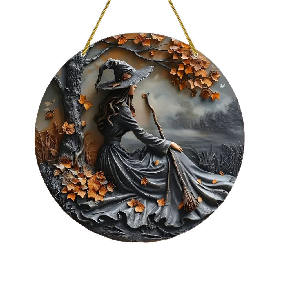 Witch Folklore Wood Door Hanging Sign Round Wall Art Decoration