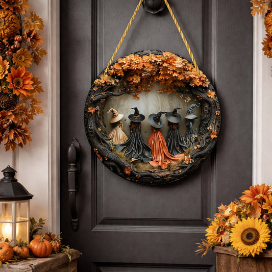 Witch Folklore Wood Door Hanging Sign Round Wall Art Decoration