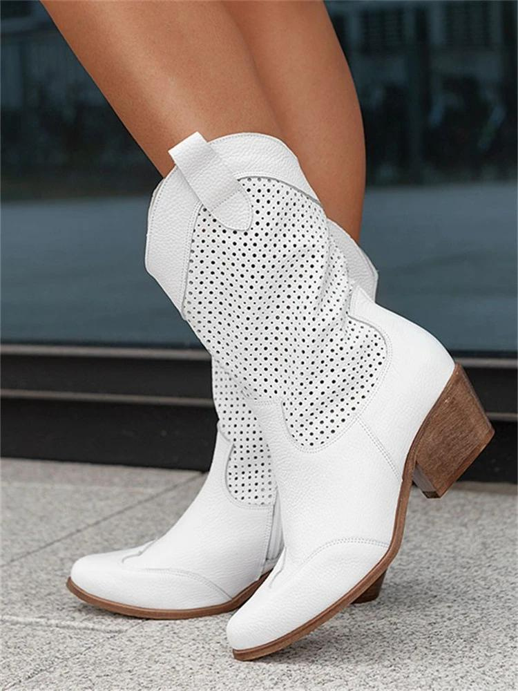 Women's Beige Cowboy Boots with Breathable Design