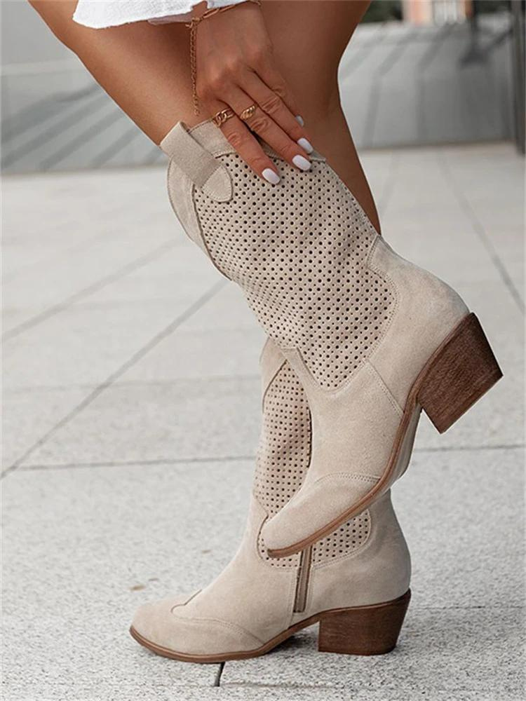 Women's Beige Cowboy Boots with Breathable Design