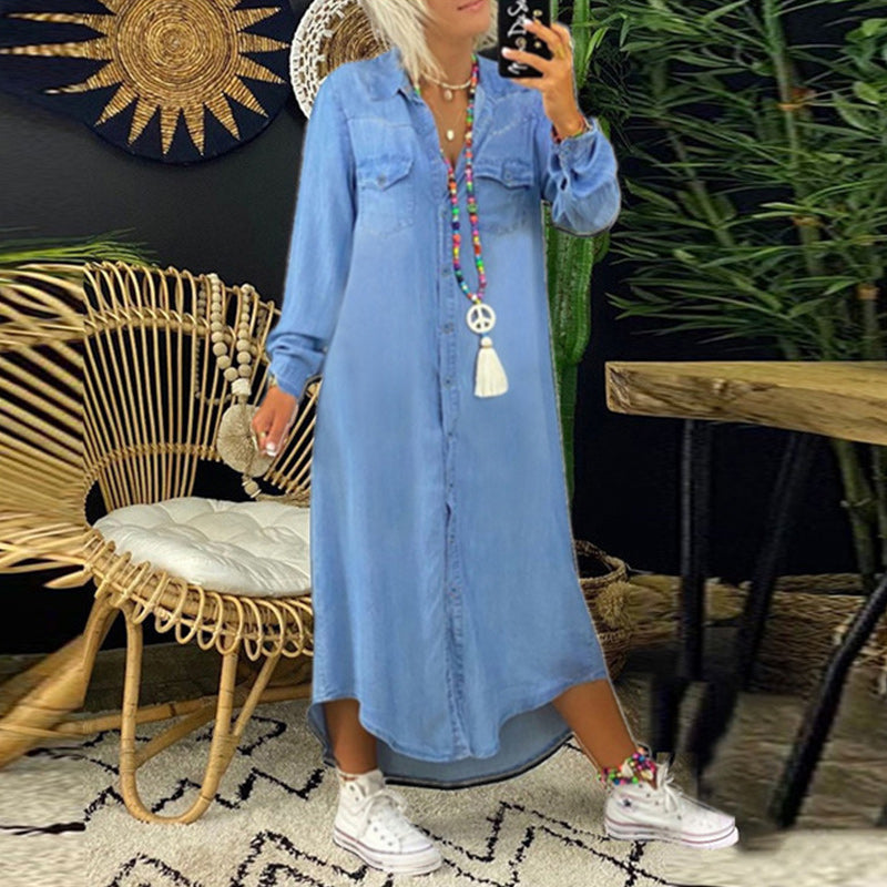 Women's Denim Maxi Shirt Dress with Ruffled Details and Long Sleeves