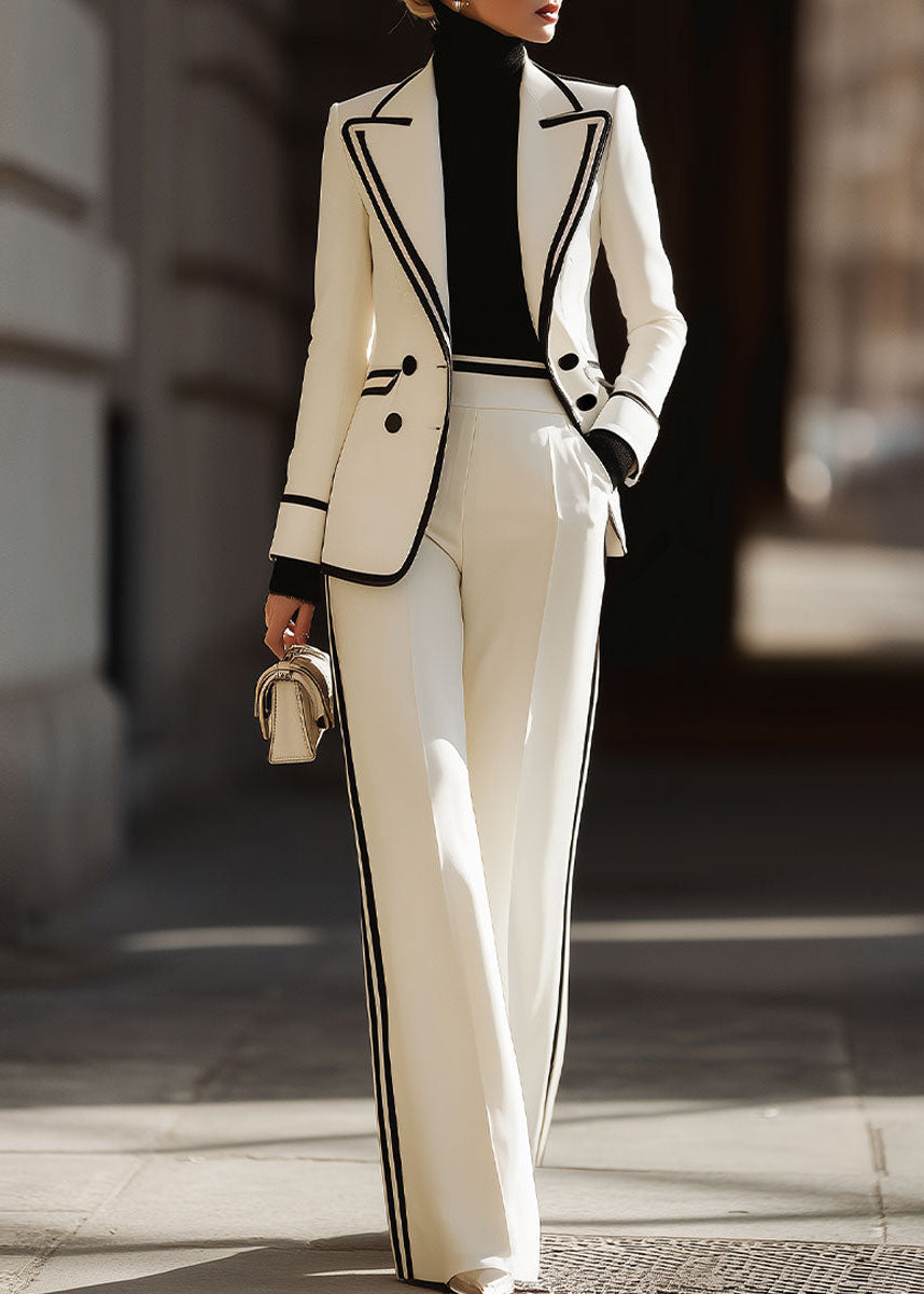 Women's Double-Breasted Suit Set with Contrast Piping and Wide-Leg Trousers