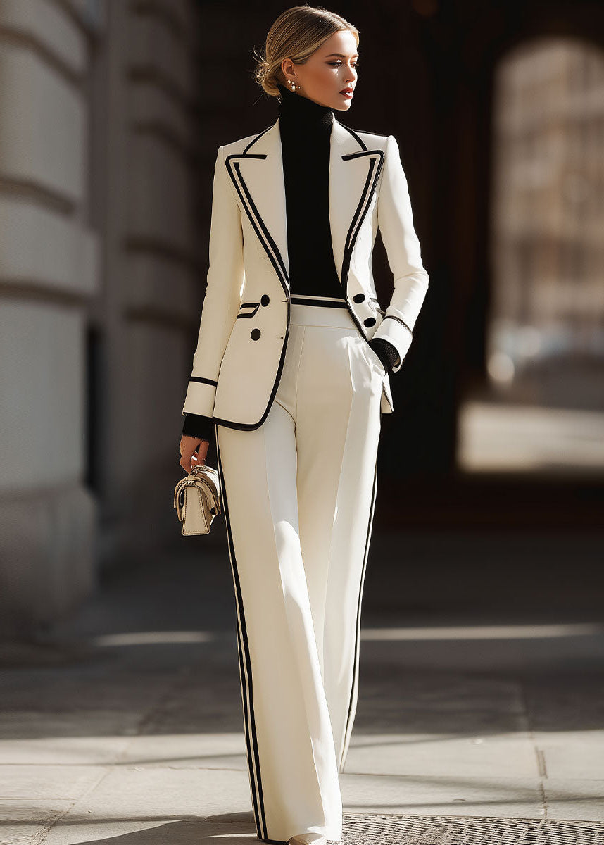 Women's Double-Breasted Suit Set with Contrast Piping and Wide-Leg Trousers