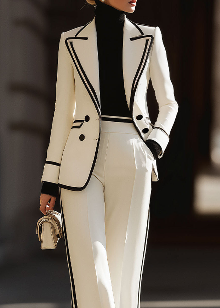 Women's Double-Breasted Suit Set with Contrast Piping and Wide-Leg Trousers