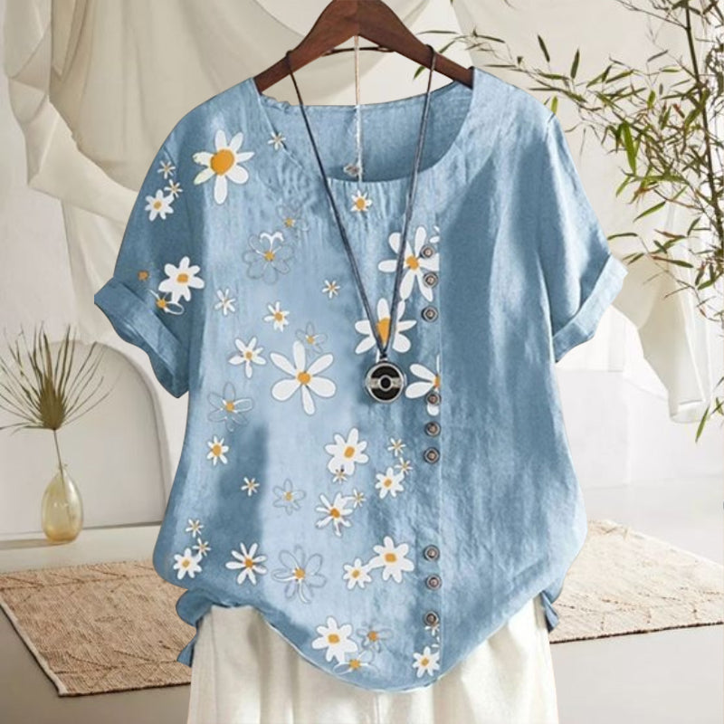 Women's Floral Blouse with Peter Pan Collar and Loose Short-Sleeve Fit