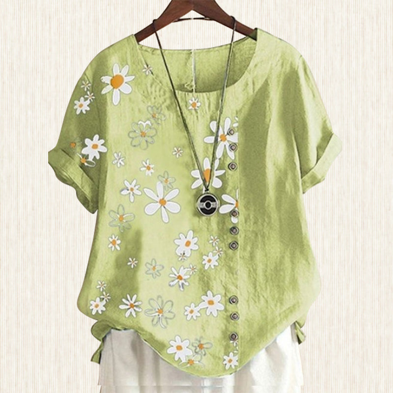 Women's Floral Blouse with Peter Pan Collar and Loose Short-Sleeve Fit
