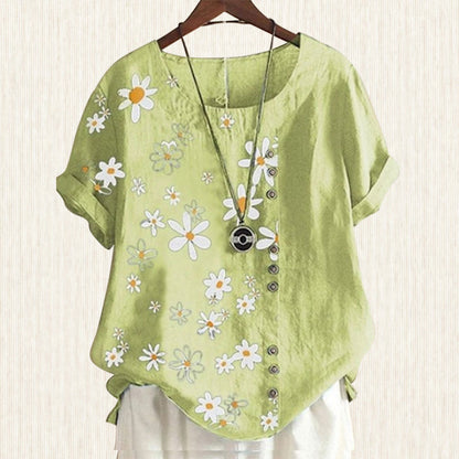Women's Floral Blouse with Peter Pan Collar and Loose Short-Sleeve Fit