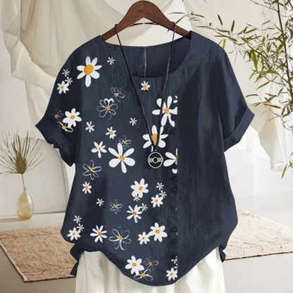 Women's Floral Blouse with Peter Pan Collar and Loose Short-Sleeve Fit