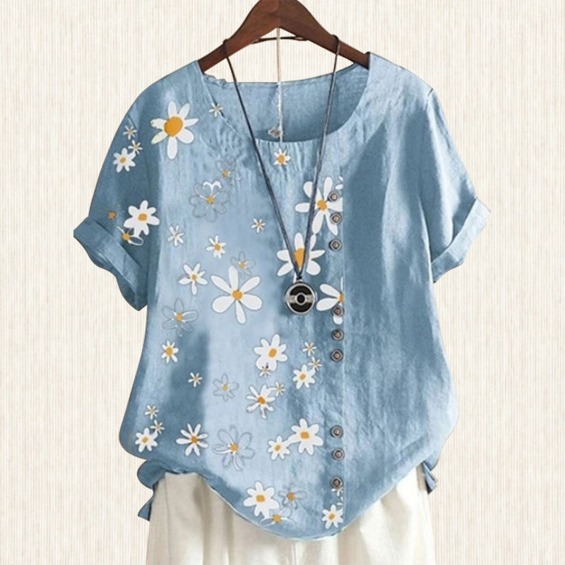 Women's Floral Blouse with Peter Pan Collar and Loose Short-Sleeve Fit