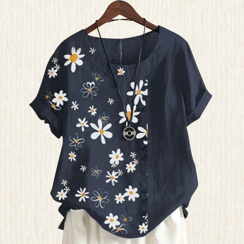 Women's Floral Blouse with Peter Pan Collar and Loose Short-Sleeve Fit