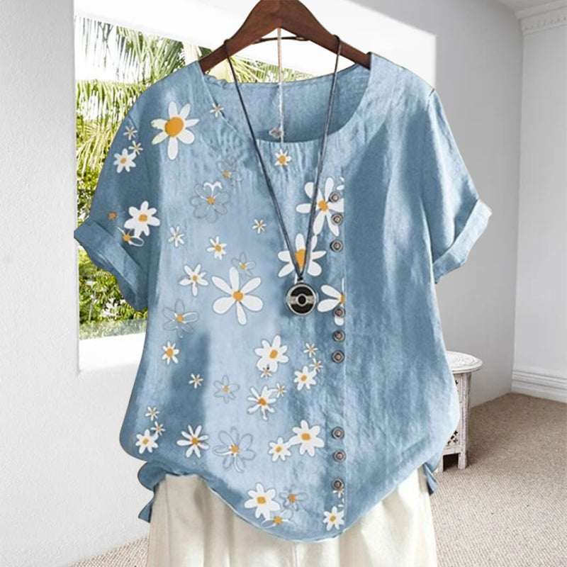 Women's Floral Blouse with Peter Pan Collar and Loose Short-Sleeve Fit
