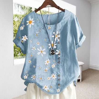 Women's Floral Blouse with Peter Pan Collar and Loose Short-Sleeve Fit