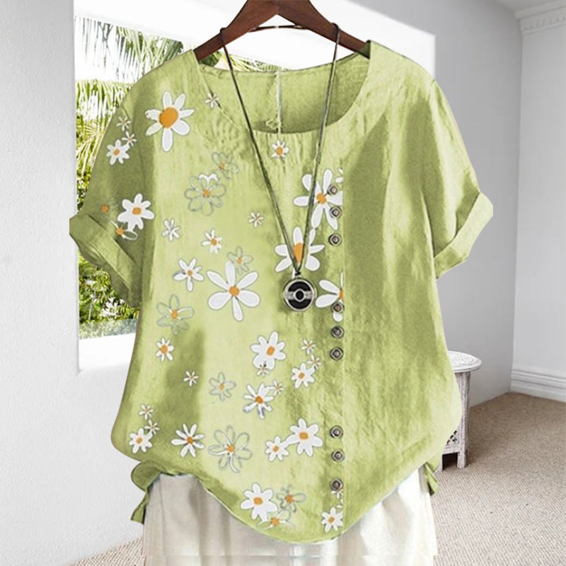 Women's Floral Blouse with Peter Pan Collar and Loose Short-Sleeve Fit